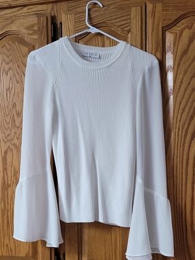 Sandro Paris White Ribbed Knit Top with Bell Sleeves
